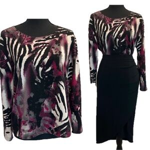 Purple grey ivory zebra tiger animal print long sleeve sweater Sz M